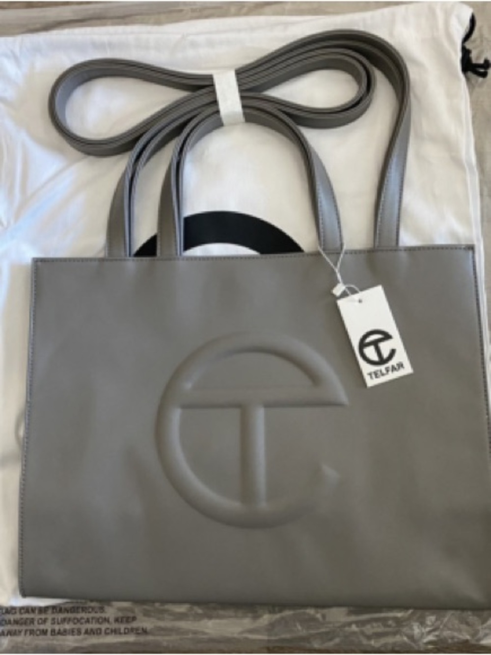Telfar vegan leather medium shipping Embossed Logo Grey Leather Tote Bag - Picture 2 of 4